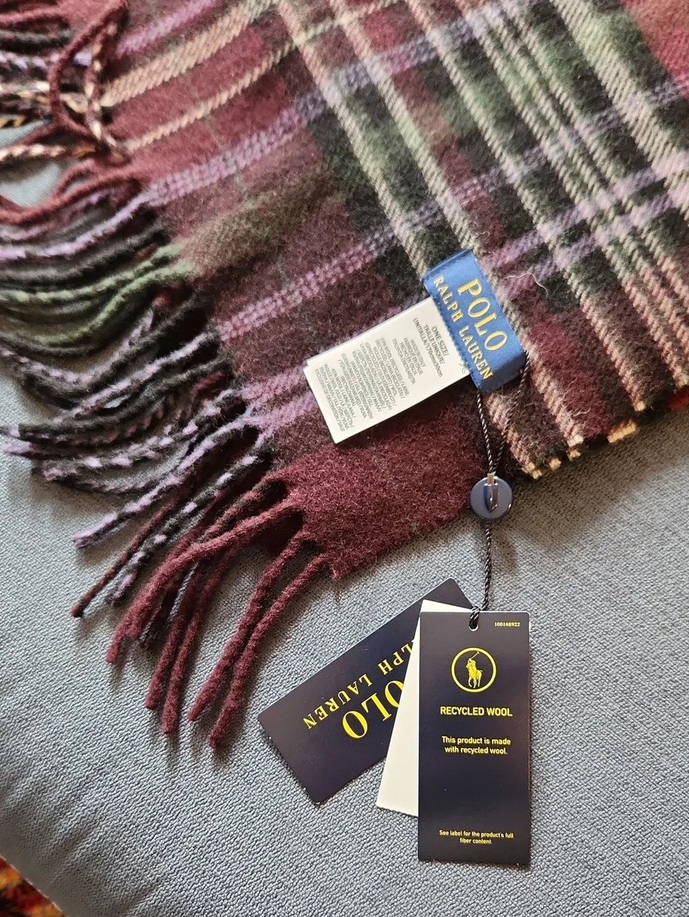 Polo by Ralph Lauren Burgundy, Green & Purple Plaid Wool Fringe Scarf